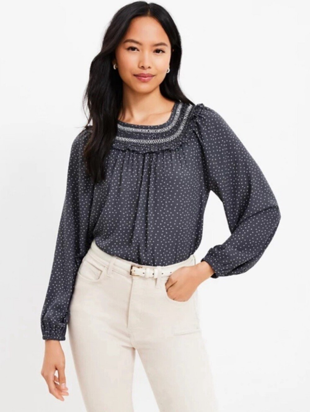 LOFT Long-Sleeve Blouse in Charcoal Polka Dot